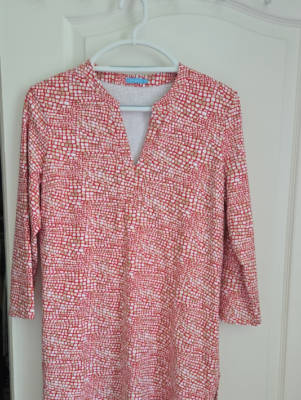 J. McLaughlin Coral-Pink Grid Split-Neck Tunic
